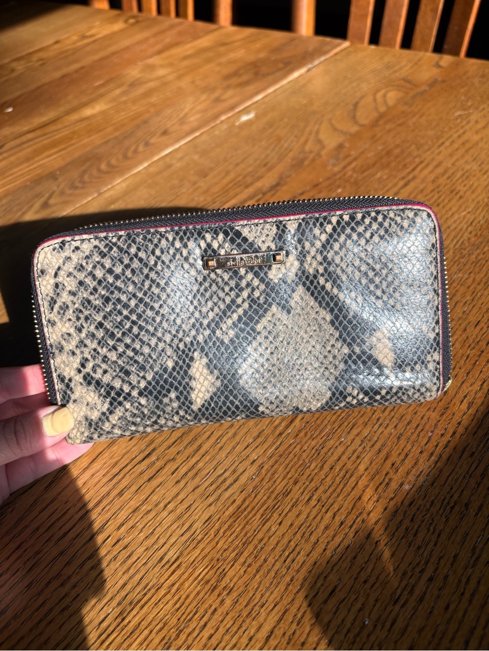 Stella & Dot Snake-Print Zip Wallet - Black & Beige
